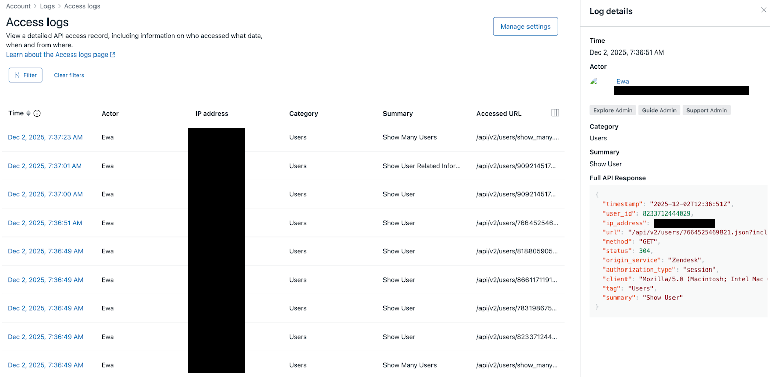 Screenshot of enhanced access log