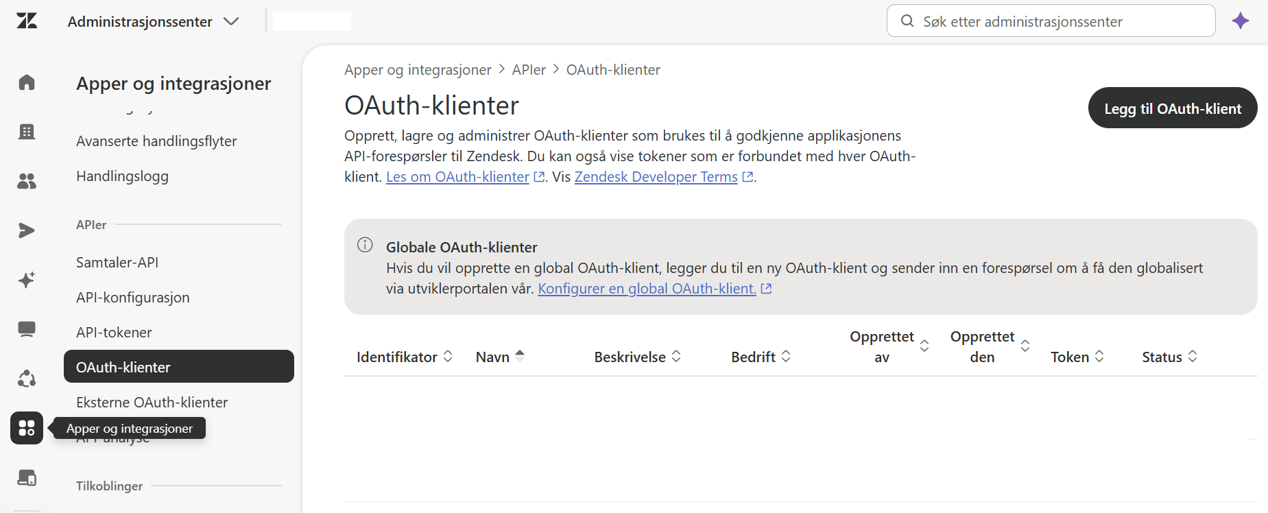 Naviger til OAuth-klienter i Admin Center