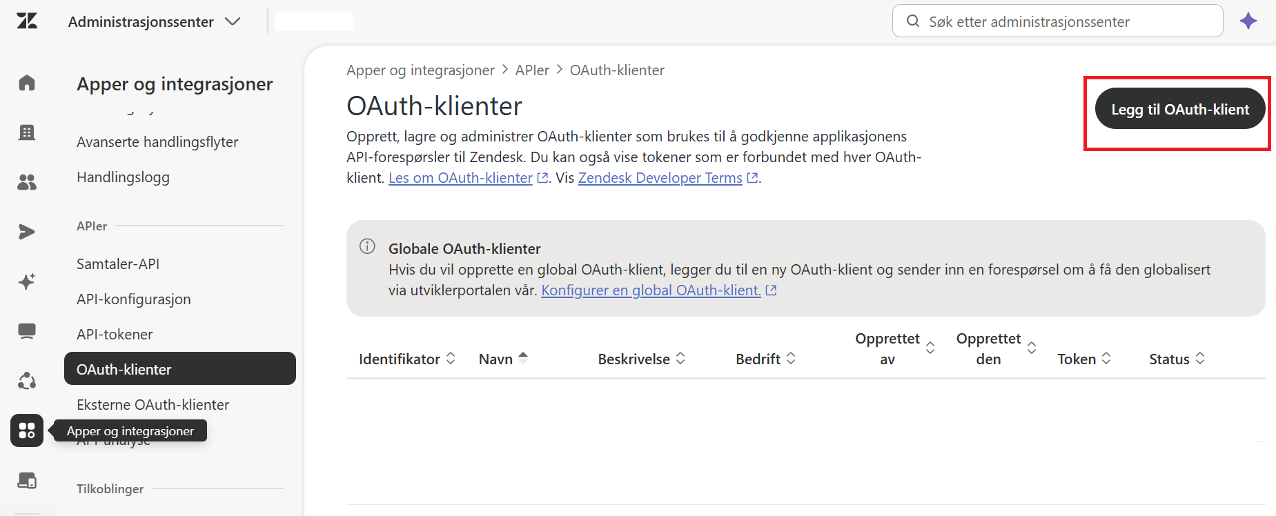 OAuth-siden inne i Zendesk admin center med fremhevet "Legg til OAuth-klient" knapp