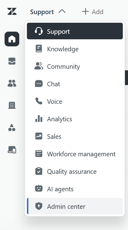 Zendesk product switcher with Admin Center