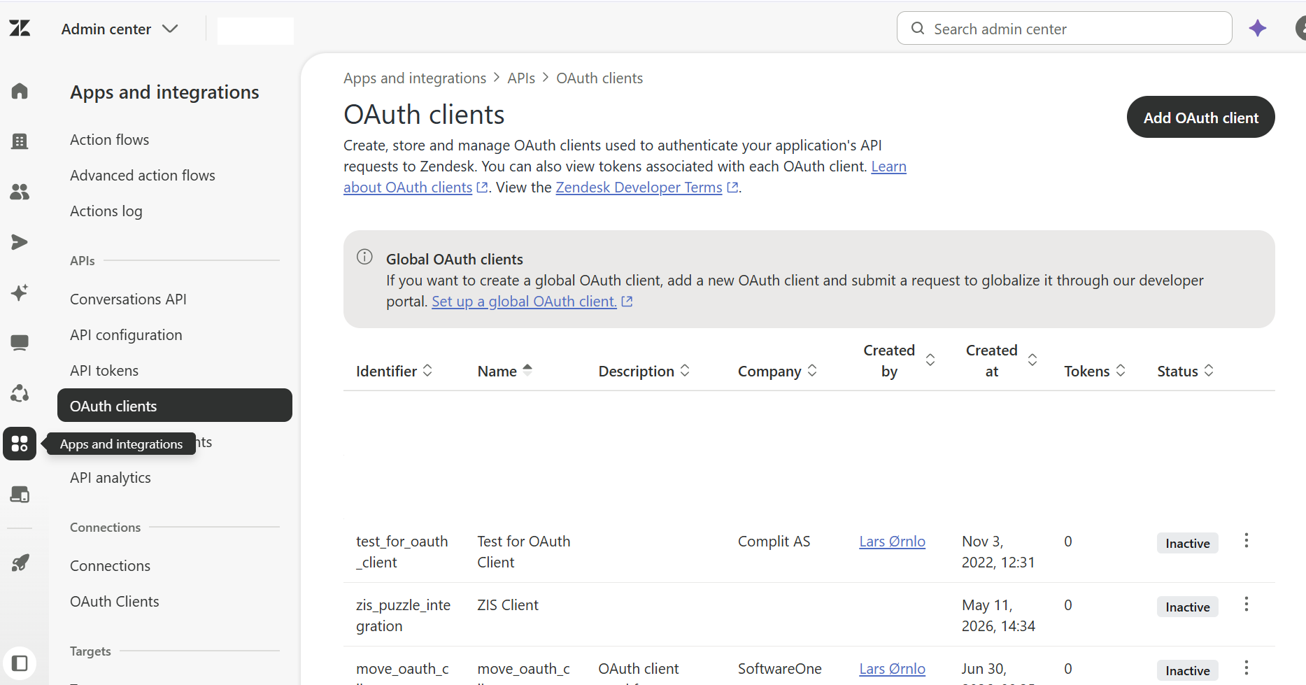 OAuth client page inside admin center