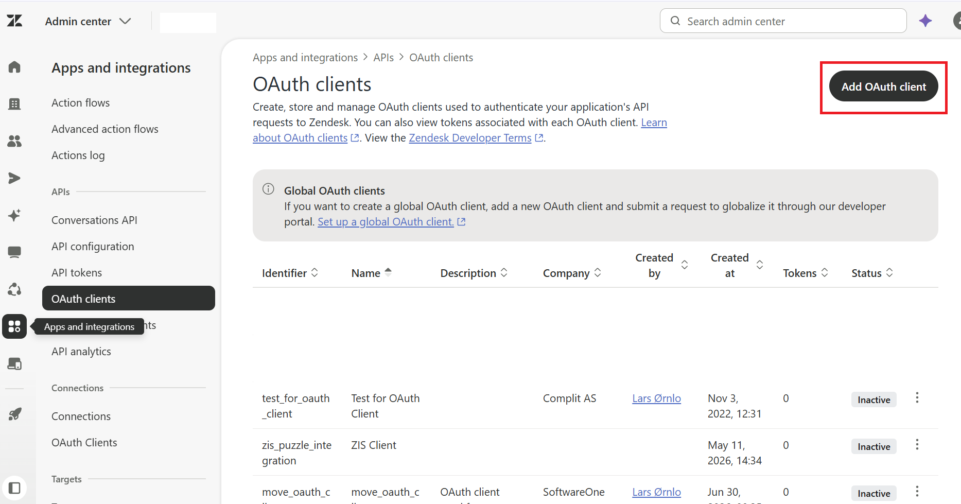 OAuth client page inside admin center with emphasis on "Add OAuth client" button